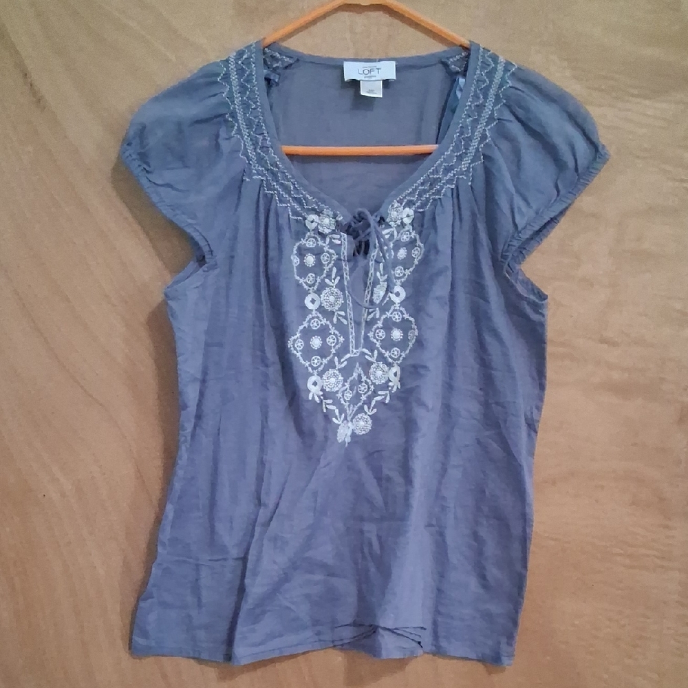 LOFT Gray Blouse with White Embroidery